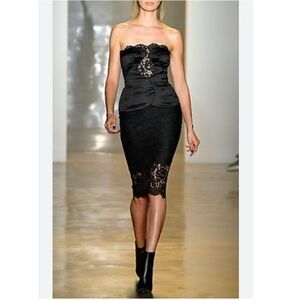 CUSHNIE ET OCHS Strapless Black Duchess Satin Lace Midi Dress Size 6